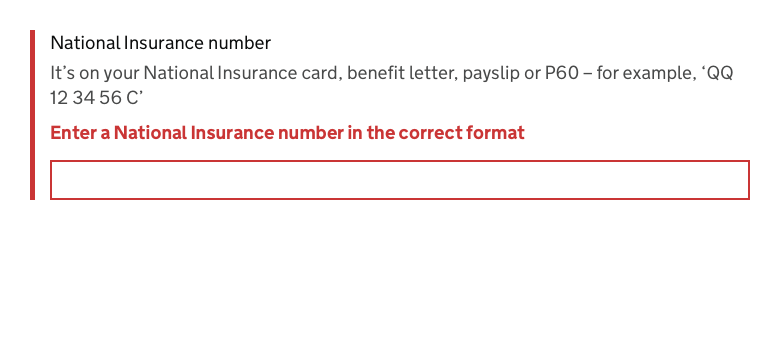 GOV.UK field with red text explaining an incorrect National Insurance number and a matching red field edge