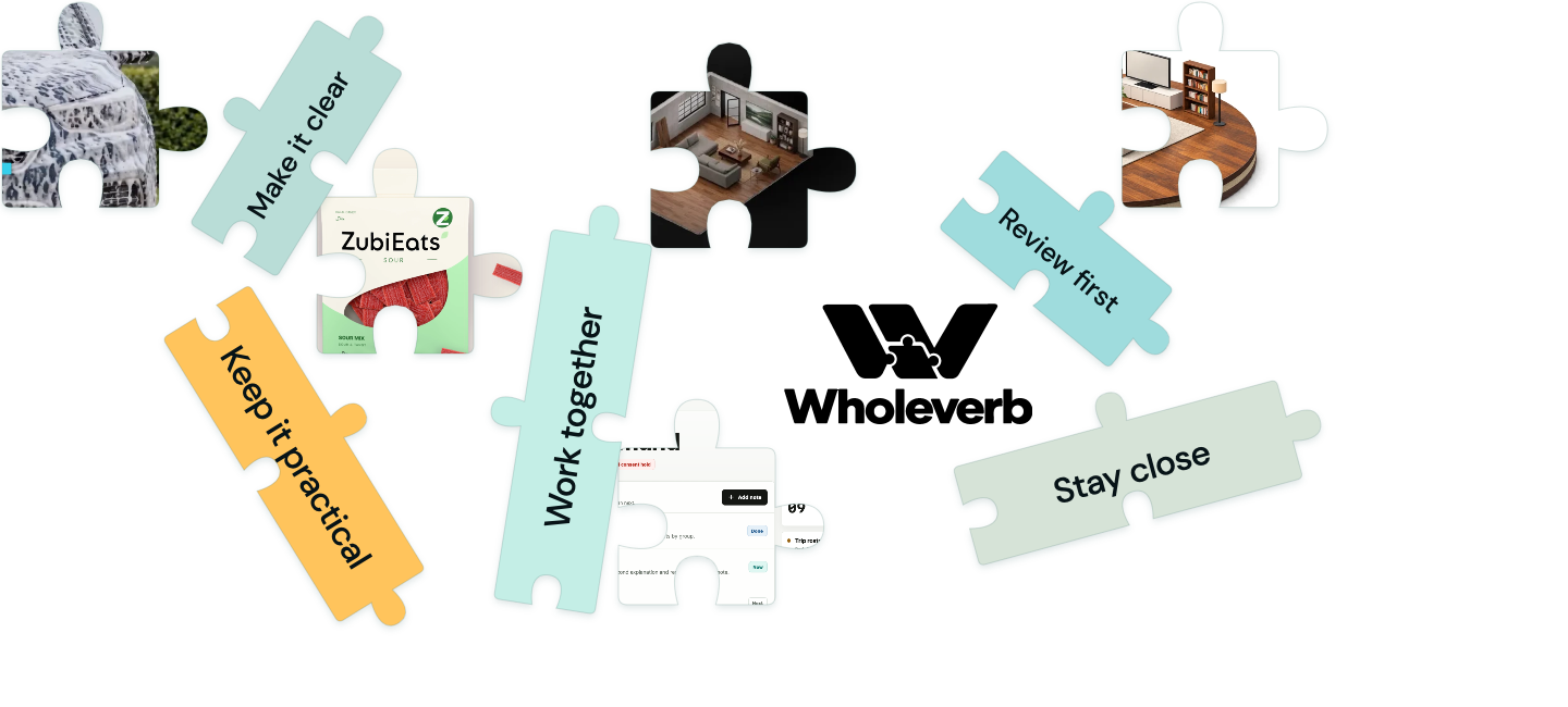 Wholeverb working principles among actual website and software details: Make it clear, Keep it practical, Work together, Stay close, Review first.