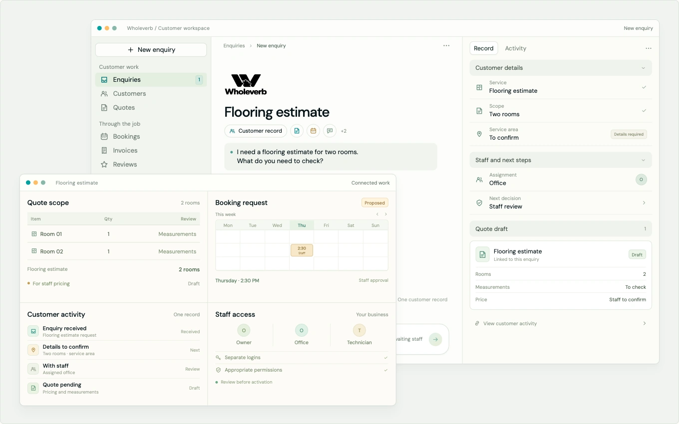 A customer enquiry workspace with quote scope, a proposed booking, activity and staff access.